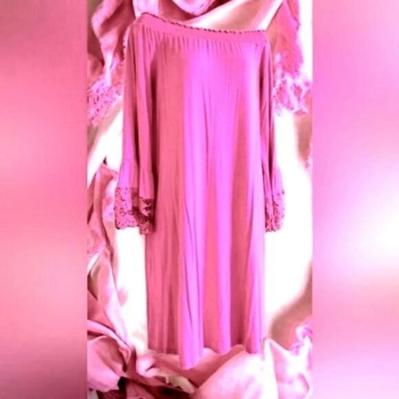 DRESS KATE & MALLORY Off The Shoulder Lace Bell Sleeves & Ruffle MIDI Silky MED - Picture 3 of 9